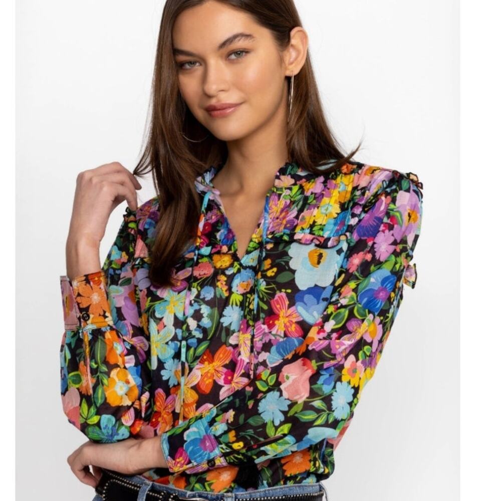 Johnny Was Wild Bloom Ruffle Yoke Blouse Womens XL Colorful Floral Ruffle Boho